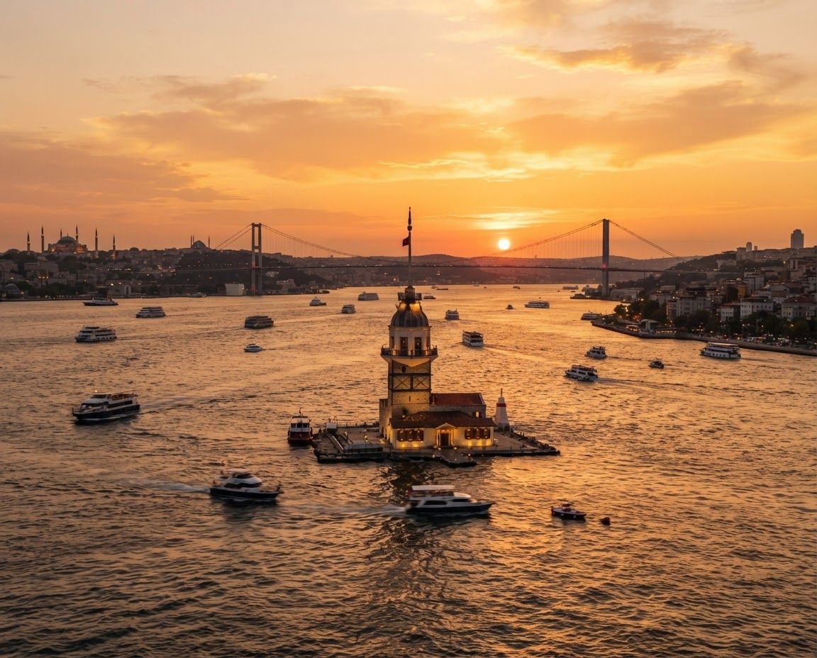 Maiden’s Tower on the Bosphorus at sunset, Istanbul